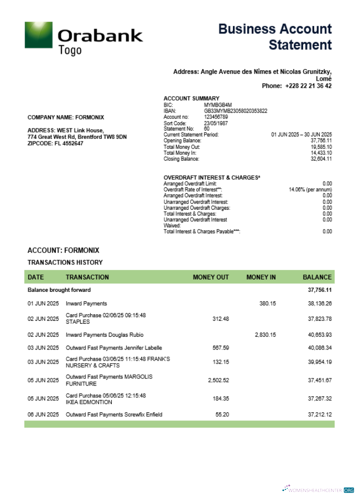 Download Togo Orabank business firm statement Word and PDF format Photoshop template
